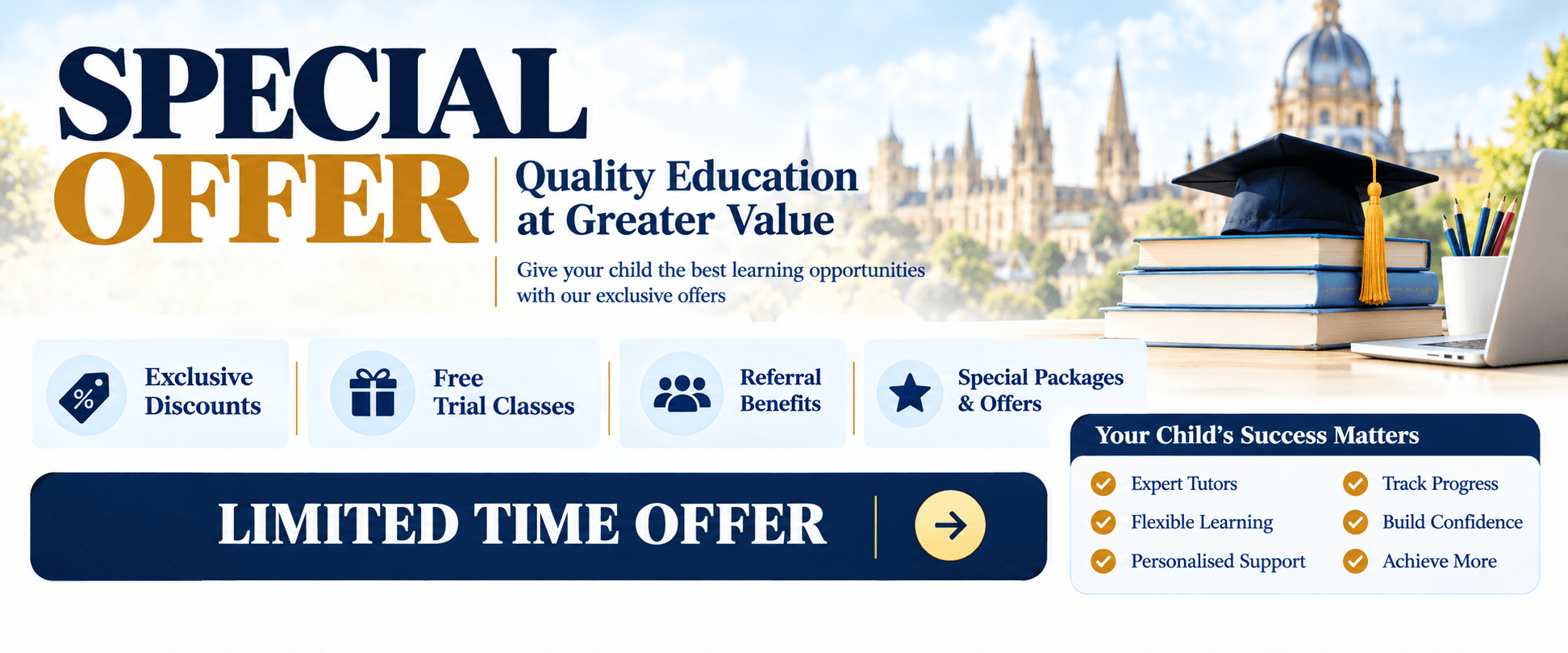 Special offer — exclusive discounts, free trial classes, referral benefits and special packages